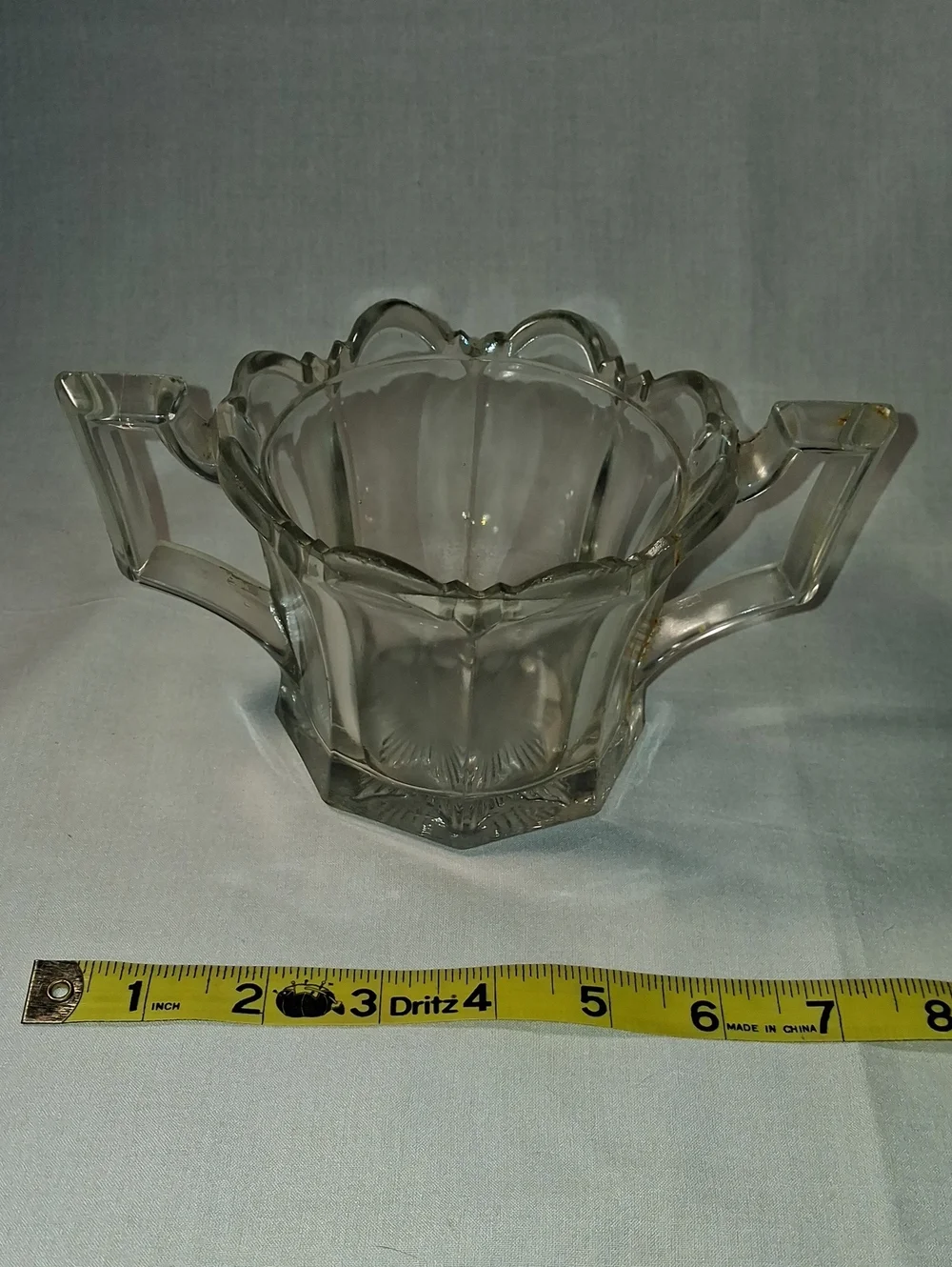Vintage 1930s Open Glass Scalloped Sugar Bowl Handles Snowflake Design Bottom